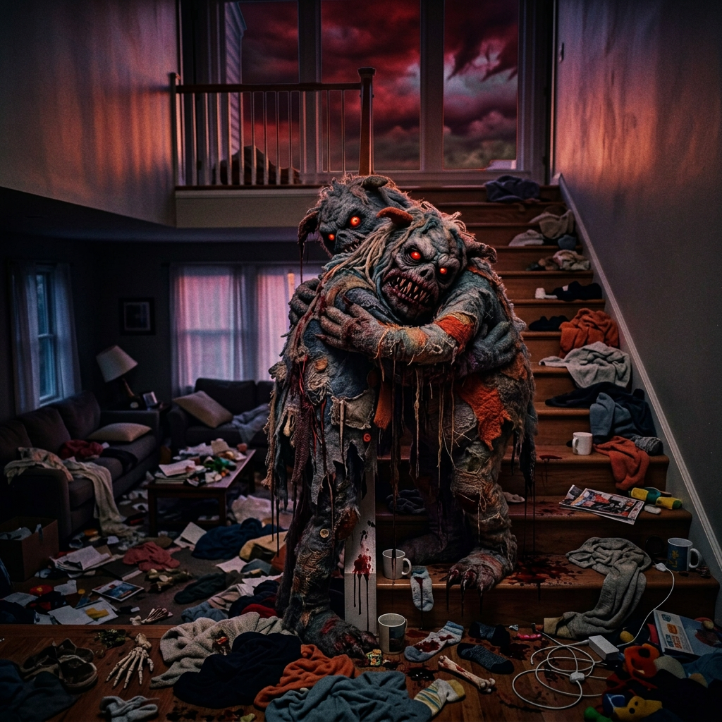Two ragged creatures embracing on a cluttered staircase at sunset